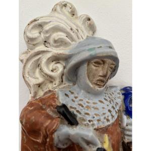 ancienne Sculpture bas relief en terre cuite vernissée le chevalier par Guerin