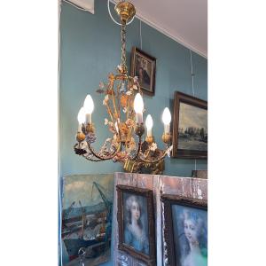 Antique 6-light Chandelier In Gilded Brass With Porcelain Flowers, First Half Of The 20th Century