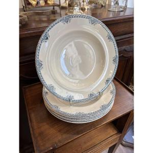 Set Of 6 Longwy Iron-glazed Soup Plates, "athens" Model, Circa 1900