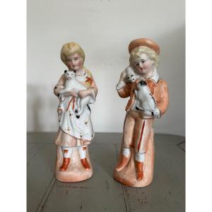 Cats And Dogs, A Pair Of Antique Porcelain Biscuits From The Late 19th Century