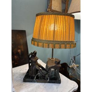 Antique "on The Eve Of Battle" Napoleon Lamp By Carlier, Early 20th Century, Bronze And Marble Statue