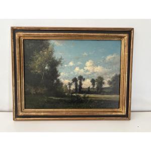 Ancien petit tableau paysage champêtre, Epoque XIX Eme Huile sur panneau signé ciel et fleuve
