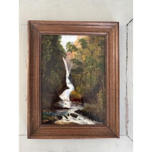 Antique Small Painting, Oil On Cardboard: A Waterfall In Scotland, 19th Century, Naturalist Style