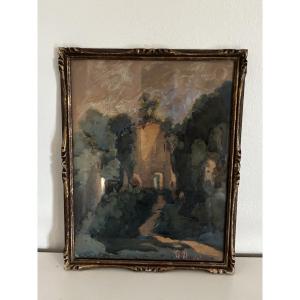 Ancien petit tableau au pastel Gisors par H Madelaine école de Rouen début XX eme
