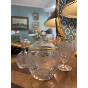 Part Of A Baccarat Night Service Set: A Crystal Bonbonniere And A Glass Vial, Engraved, Circa 1900