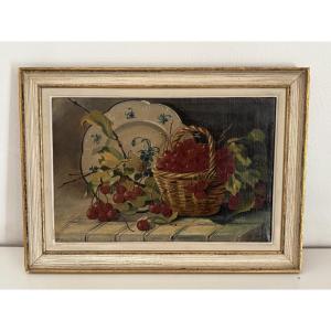 Antique Small Still Life Painting By P. Jouy, *the Basket Of Cherries*, Circa 1900; May Be Part Of A Pair