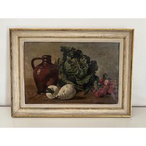 Antique Small Still Life Painting By P. Jouy: "choux And Turnips," Circa 1900; Possibly A Pair; Oil On Canvas