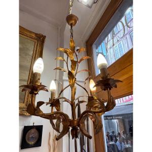 Antique 4-light Gilded Metal Chandelier With A Mid-20th-century Naturalistic Floral Design
