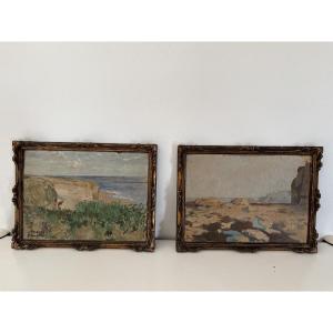 Antique Pair Of Oil Paintings On Cardboard Depicting Seascapes In Normandy, Vierville, Signed By Duroze