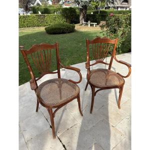 Ancienne paire fauteuils bois tourné par Fischel Autriche vers 1900 art nouveau circa thonet