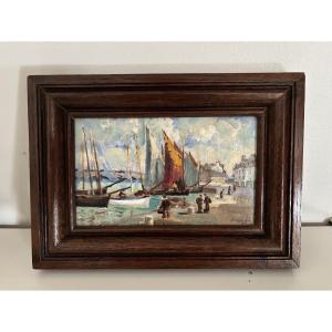 Ancien petit tableau école de Pont Aven école bretonne par JP Savigny : un port en Bretagne