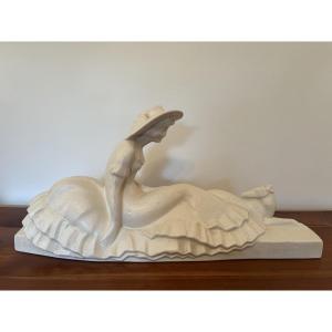 Antique Art Deco Crackle-glazed Ceramic Statue Signed "lejan," Circa 1930