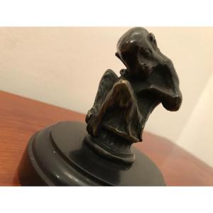 Small Old Bronze Animal: The Monkey. Patinated Bronze Marble Base, Radiator Cap