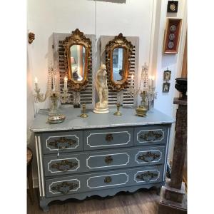 Antique Louis XV Chest Of Drawers Patinated Mid XVIII Century In Walnut Rechampie Gray Gustavian