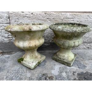 Pair Of Garden Basins In Reconstituted Stone, 20th Century Medici Vases