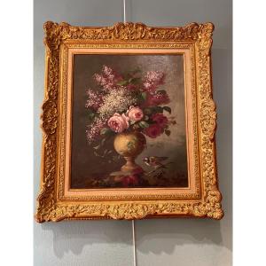 Old Painting From The XIXth Century, The Bouquet. Painting Flowers, Oil On Canvas Still Life