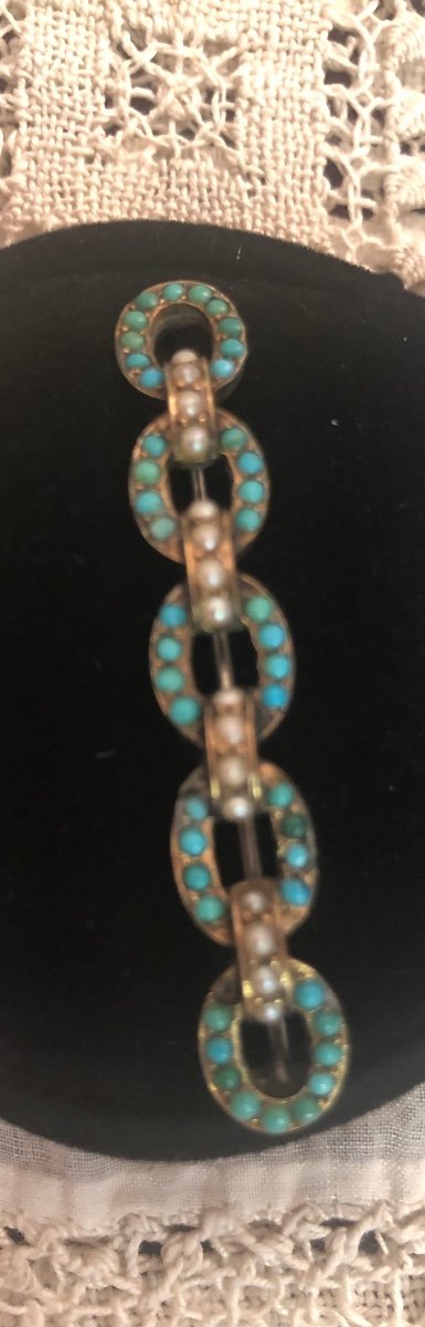 Silver Brooch / Turquoise And Fine Pearls-photo-3