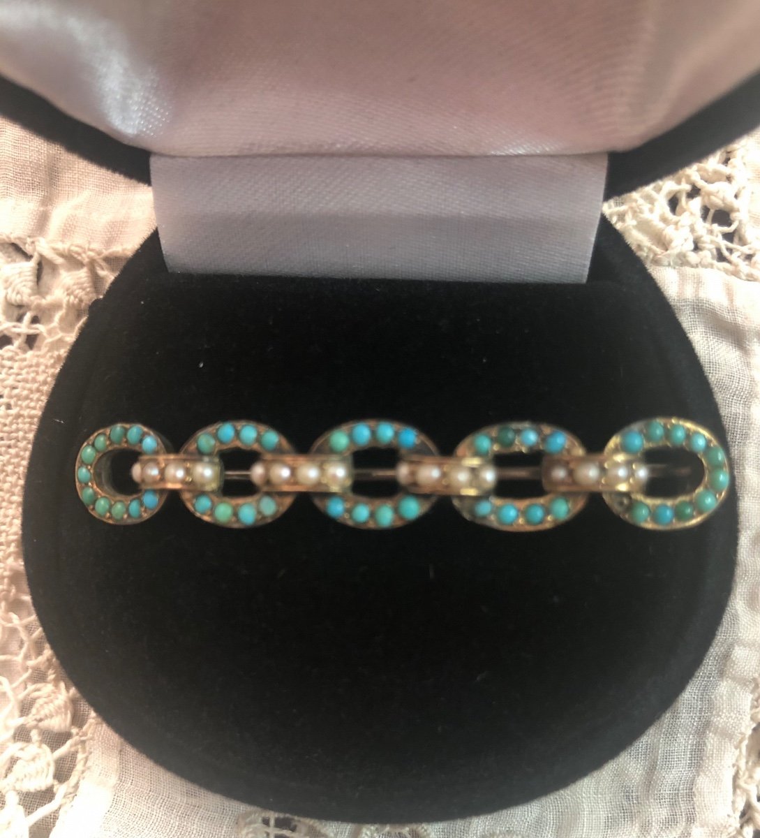 Silver Brooch / Turquoise And Fine Pearls
