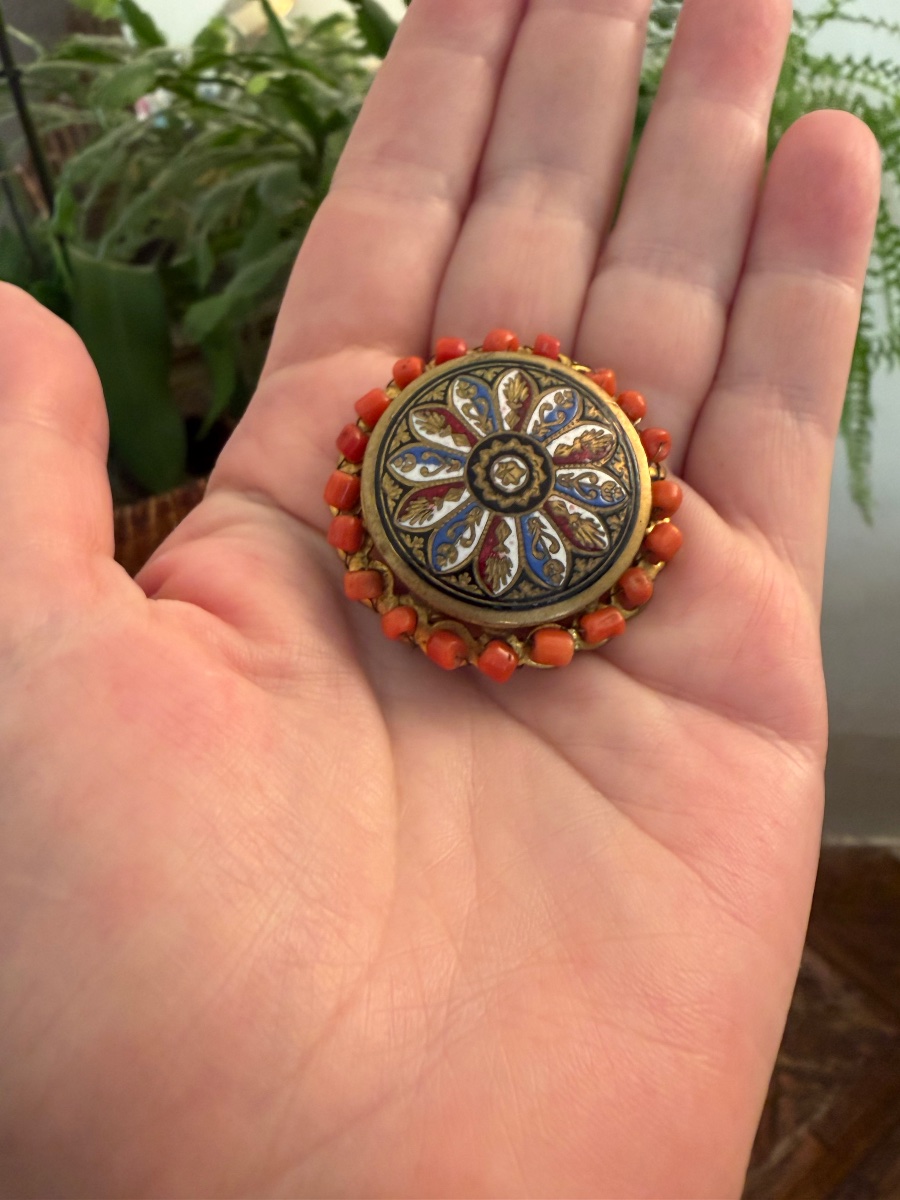 Broche ancienne  émail / corail -photo-2