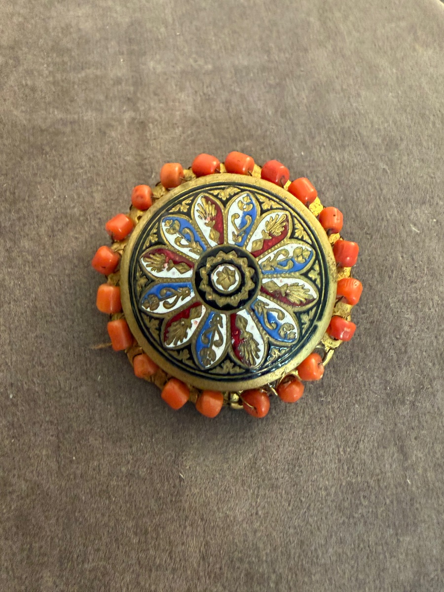 Broche ancienne  émail / corail -photo-3