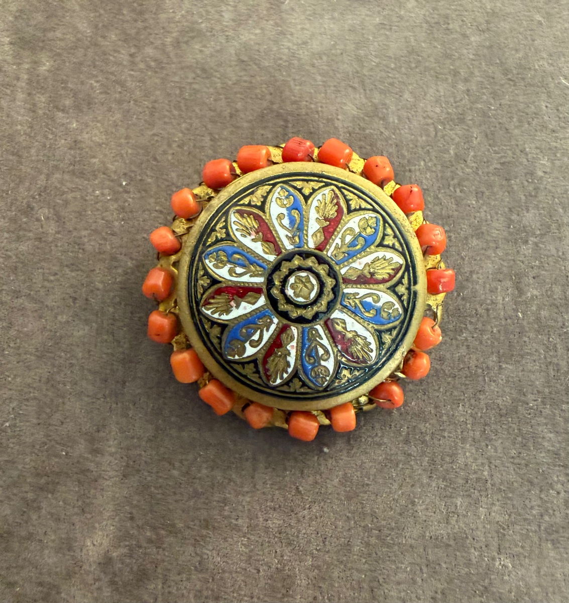 Broche ancienne  émail / corail -photo-4