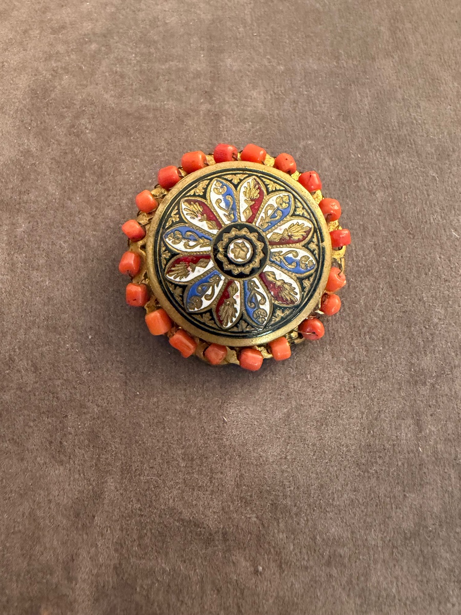 Broche ancienne  émail / corail -photo-3