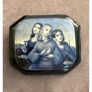 Wood And Enameled Porcelain Brooch