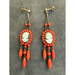 Shell Cameo Earrings, Coral 