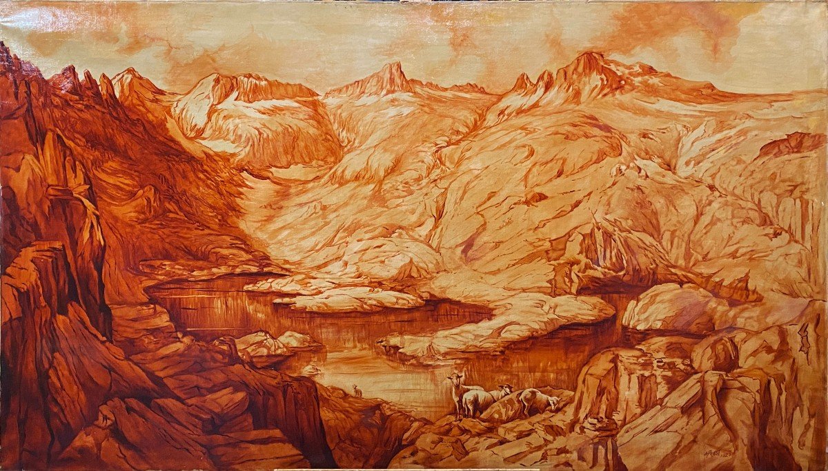 Spanish School (xixth) - Large Sketch Of Landscape In Oil Sanguines-photo-2