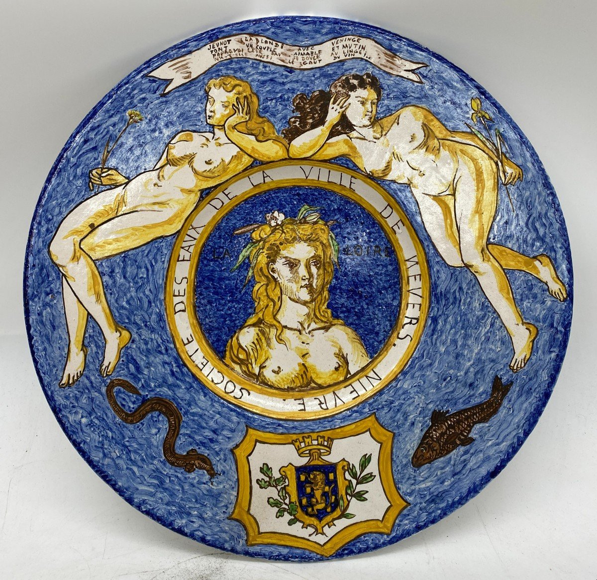 Elegant Tray In Majolica Compagnie Des Eaux City Of Nevers Renaissance Style - C. 1950