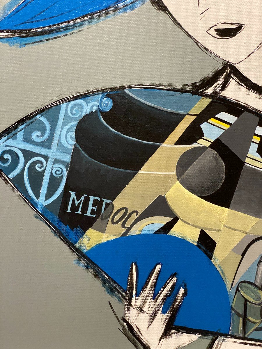 école Espagnole Contemporaine - Femme Au Chapeau Bleu-photo-2
