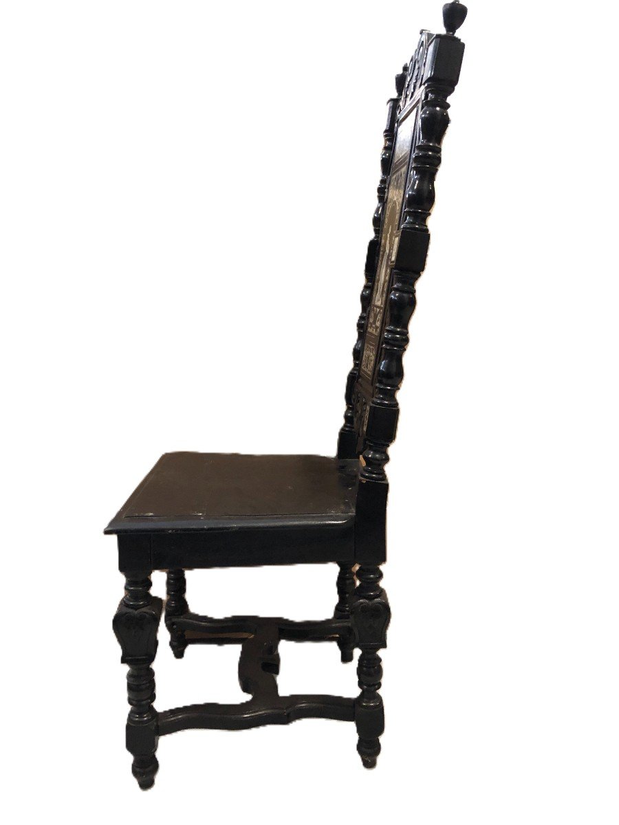 Magnificent Armchair In Blackened Wood With Ivory Marquetry Renaissance Style - Milan, C. 1890-photo-4