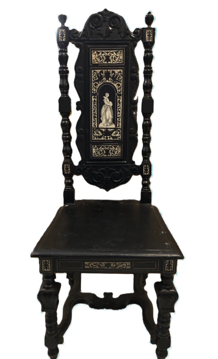 Magnificent Armchair In Blackened Wood With Ivory Marquetry Renaissance Style - Milan, C. 1890