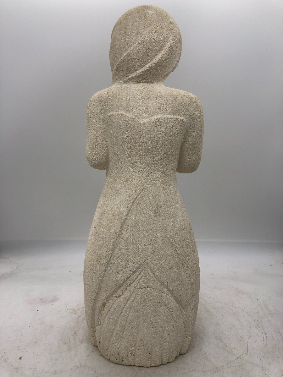 Goddess With Offering In Reconstituted Limestone - France, 1960s-photo-3