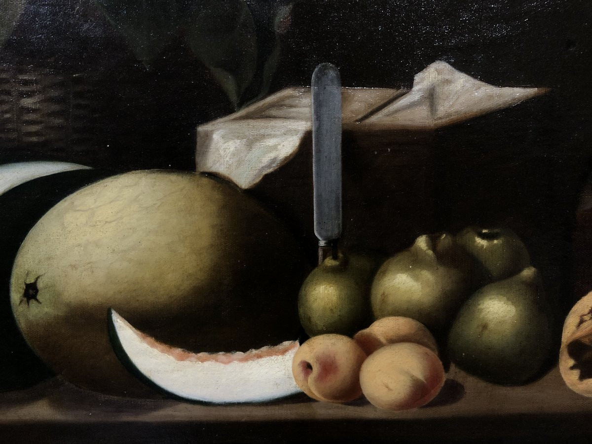 école Espagnole (xix) - Nature Morte Du Melon Et Des Figues-photo-3