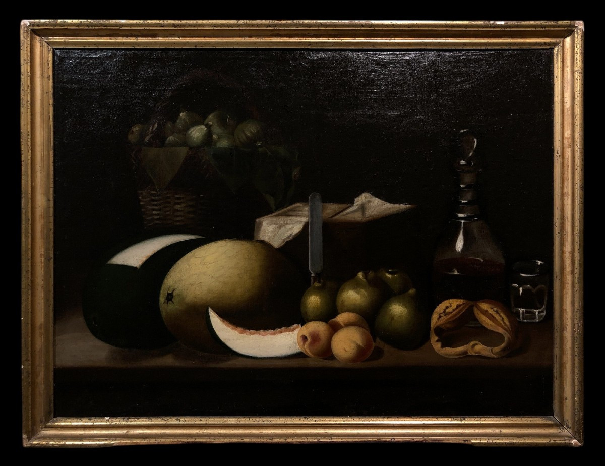 école Espagnole (xix) - Nature Morte Du Melon Et Des Figues