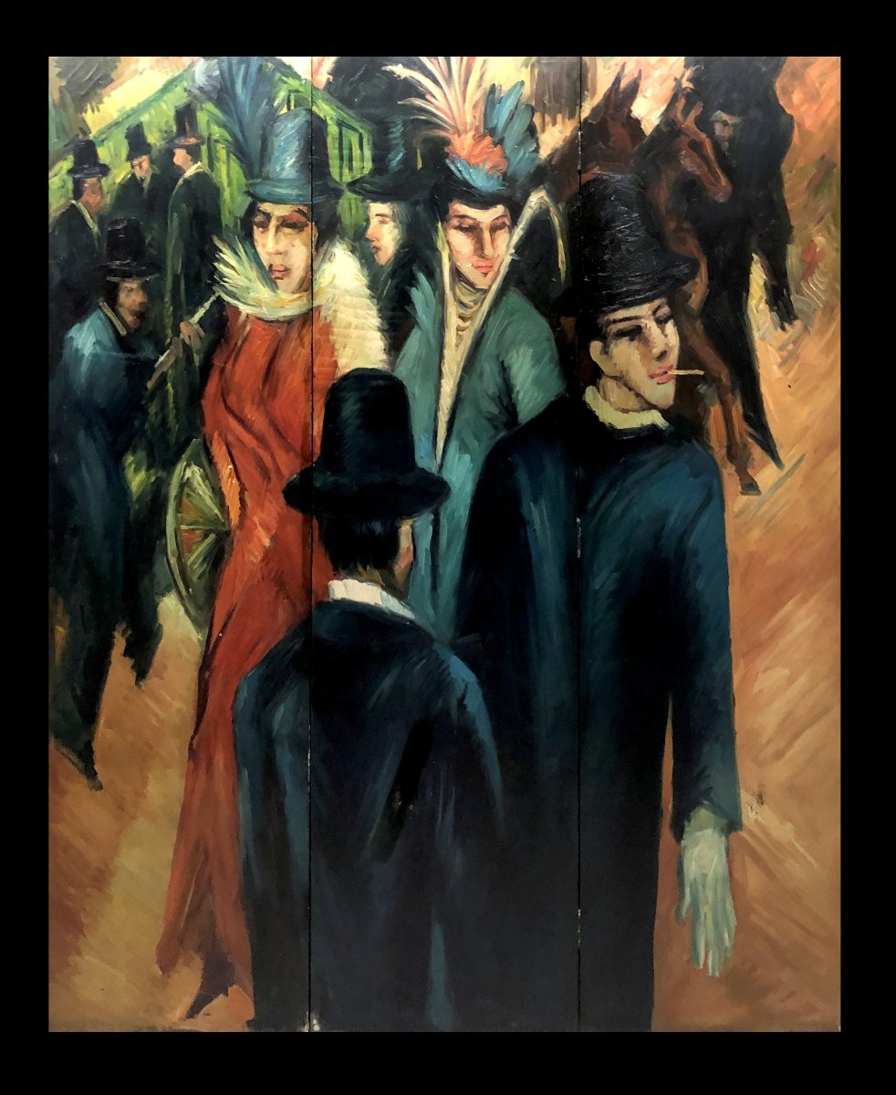 European School (1960s) - Large Painted Screen With Street Scene By Ernst-ludwig Kirchner-photo-2