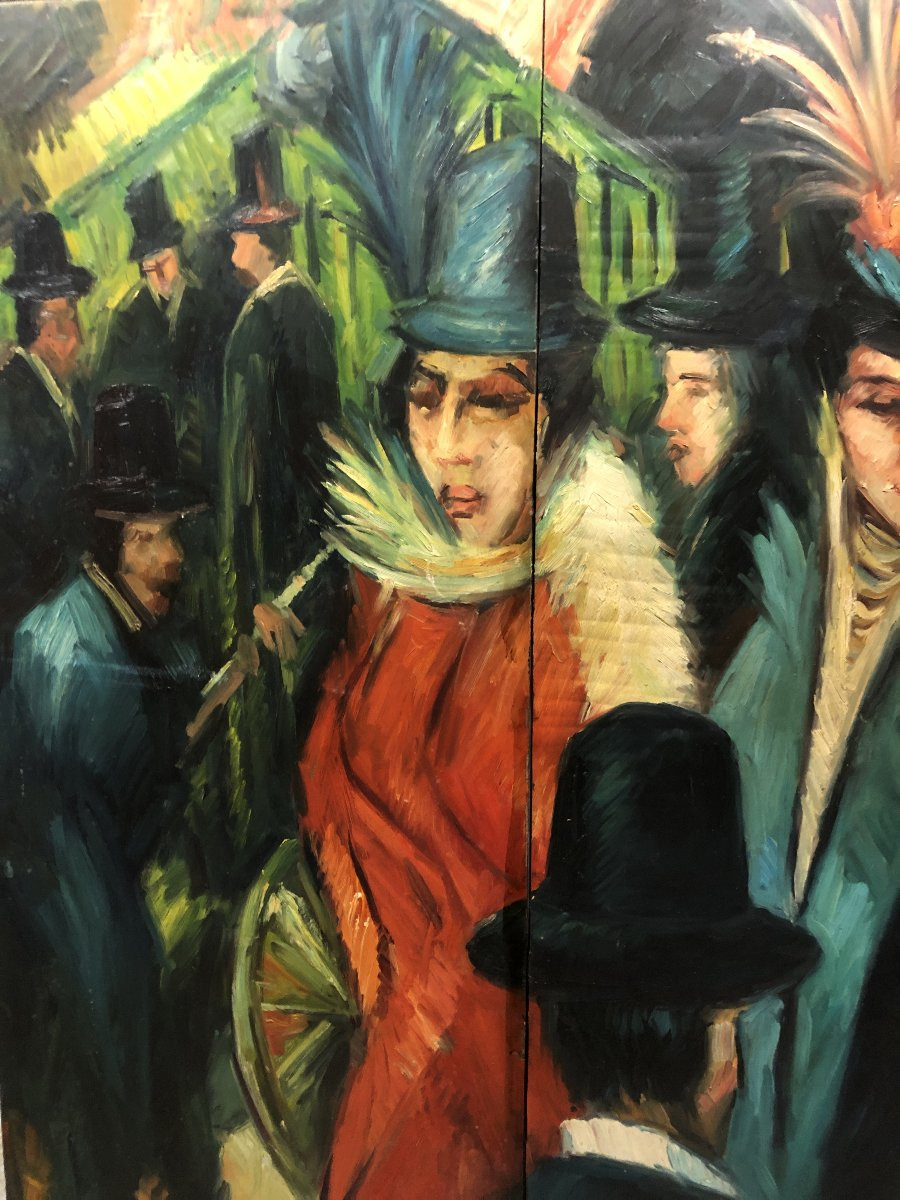 European School (1960s) - Large Painted Screen With Street Scene By Ernst-ludwig Kirchner-photo-3