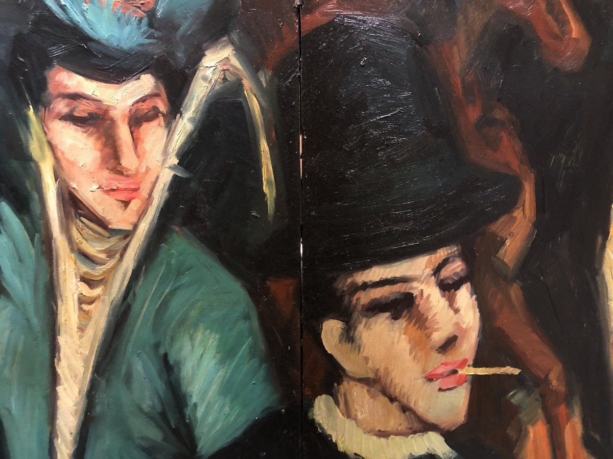 European School (1960s) - Large Painted Screen With Street Scene By Ernst-ludwig Kirchner-photo-4