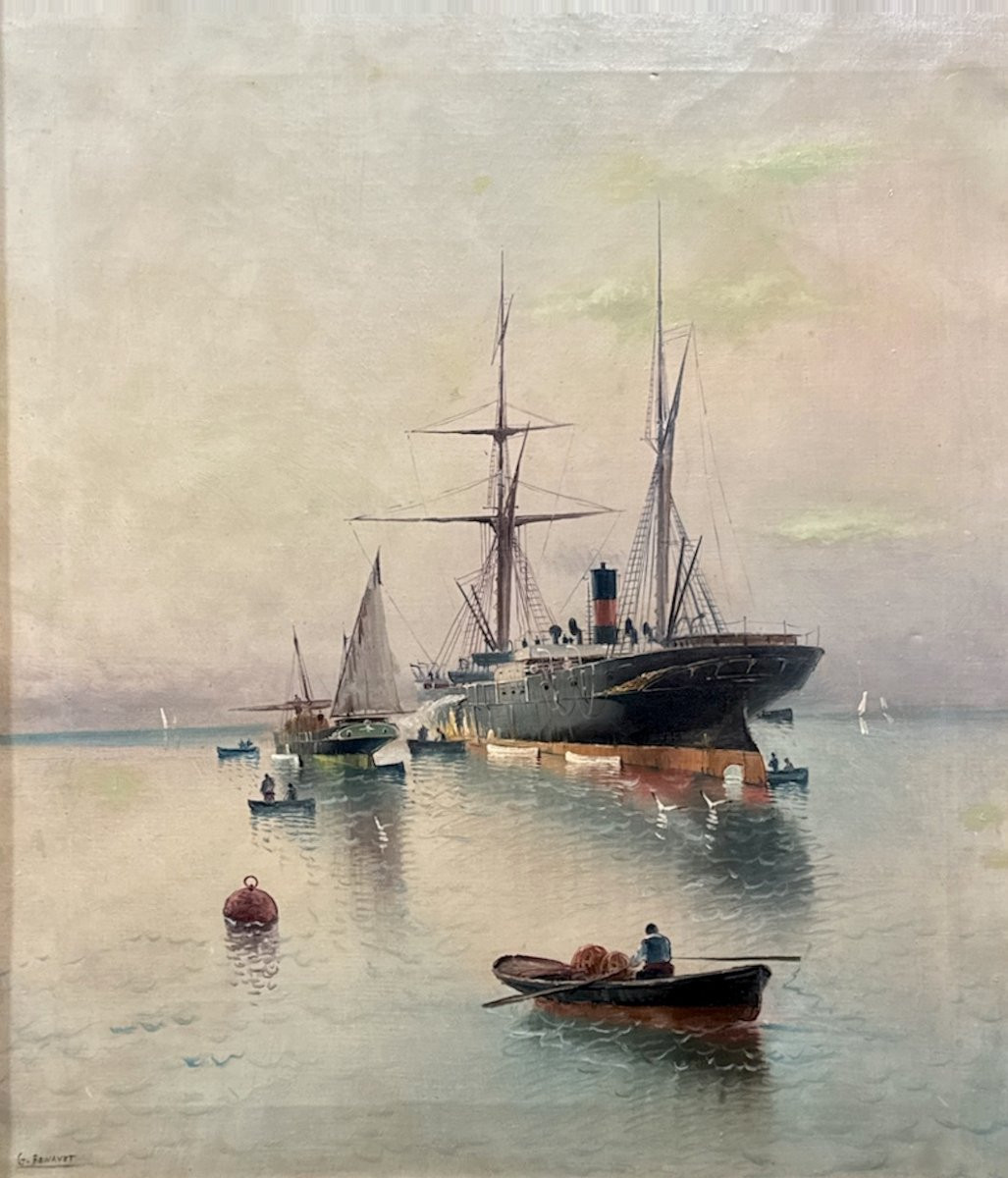 	 Spanish School (c. 1900) - Ocean Liners In The Port Of Barcelona-photo-2