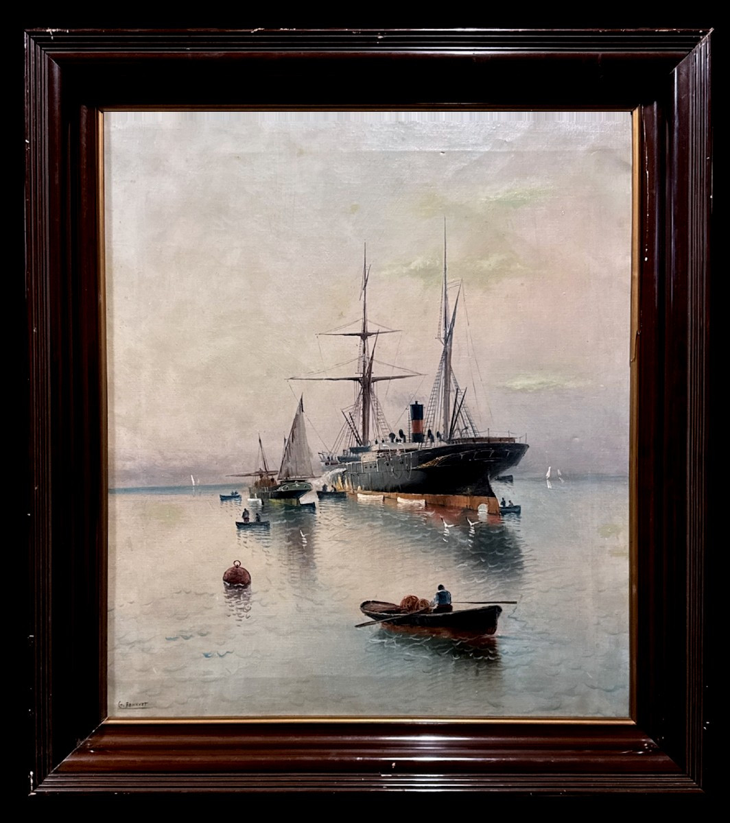 	 Spanish School (c. 1900) - Ocean Liners In The Port Of Barcelona