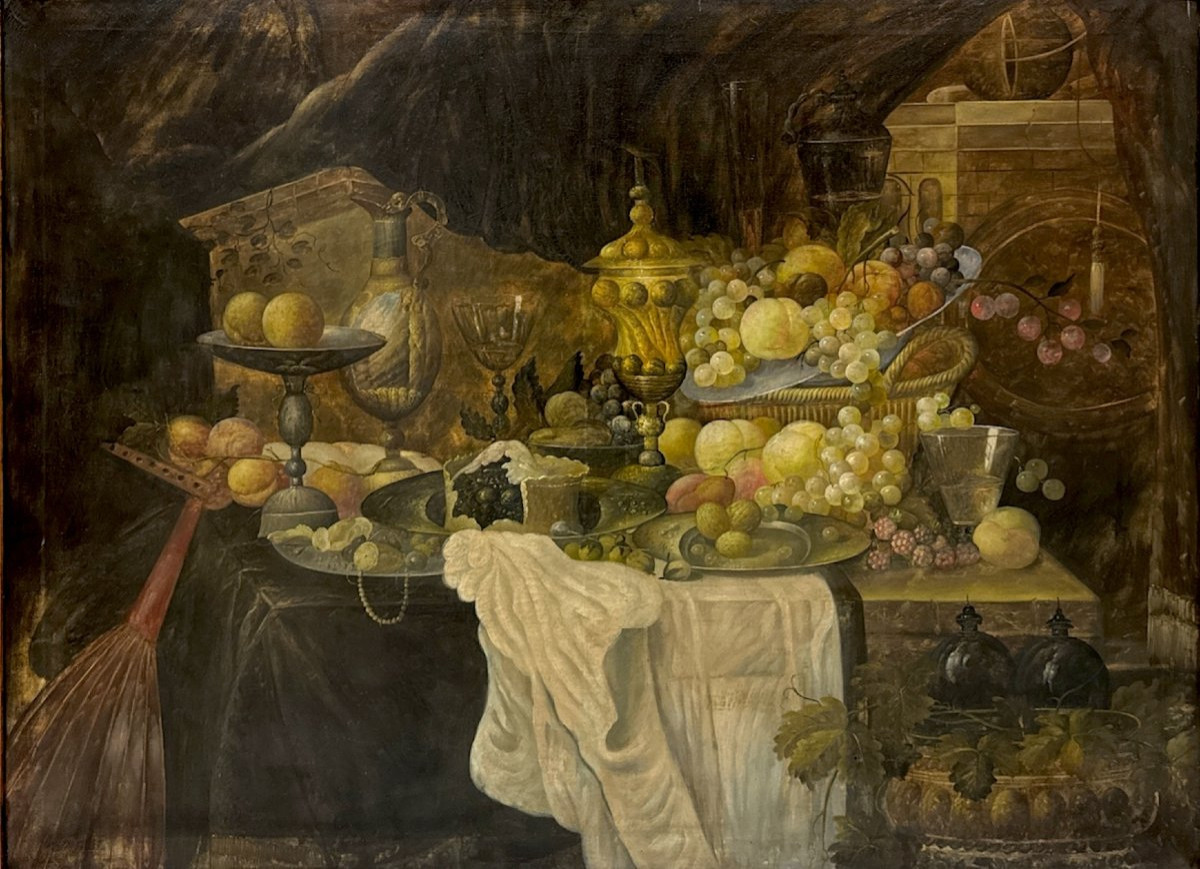 École Européene (XX) - Nature Morte Grande Taille Style Flamand Décoration-photo-2