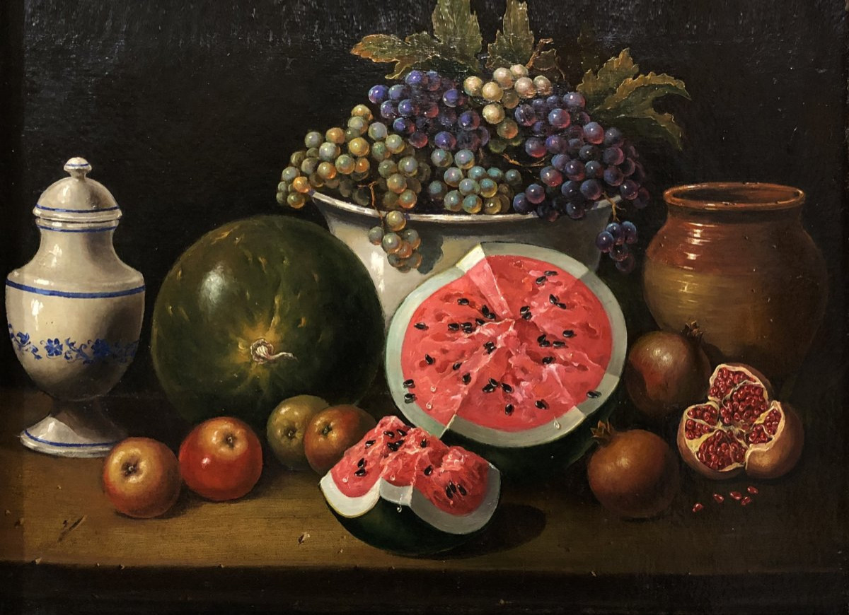 Spanish School (19th Century) - Still Life With Watermelon, Pomegranates, And Grapes -photo-2