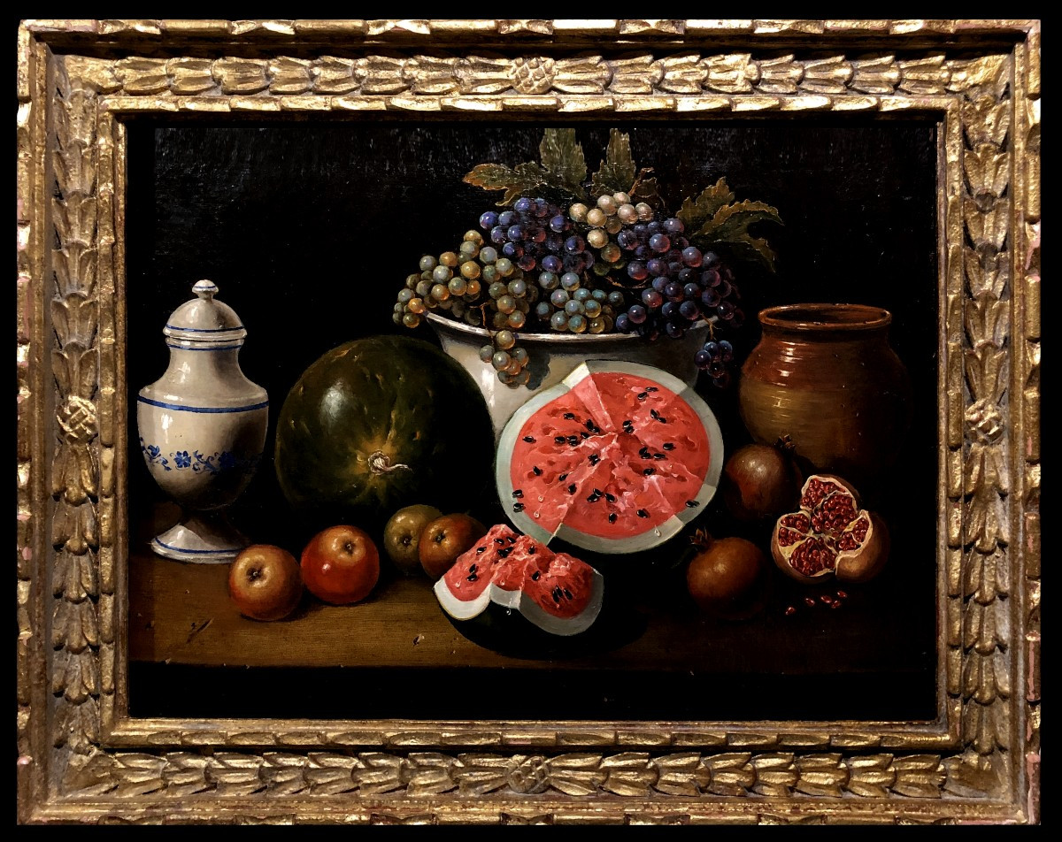 Spanish School (19th Century) - Still Life With Watermelon, Pomegranates, And Grapes 