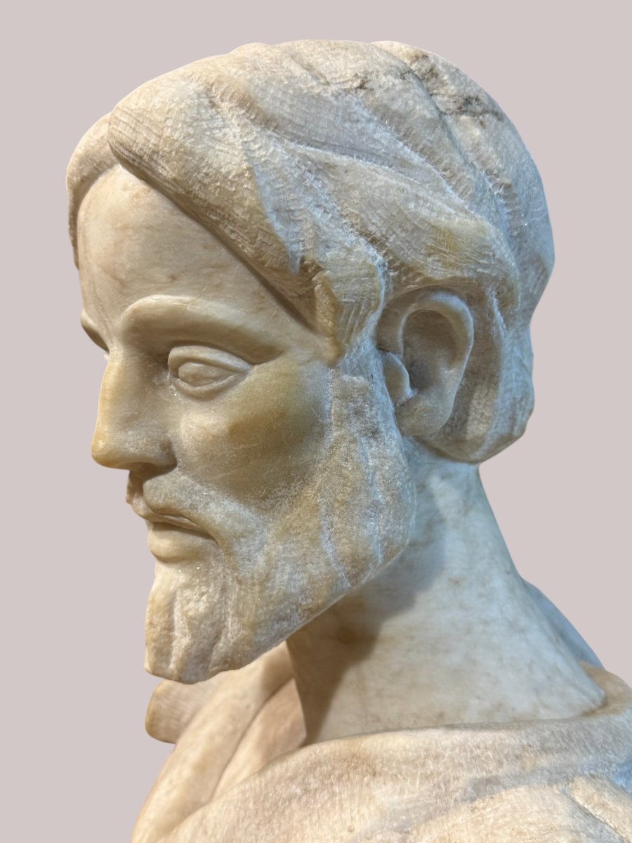 Belle Tête Archaïsante en Marbre - Espagne, c. 1930-photo-3