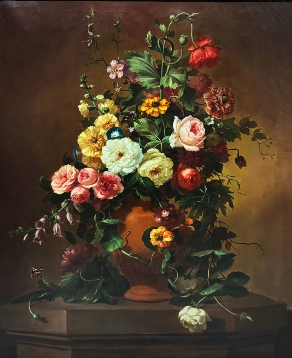 	 Sebastiaan Theodorus Voorn Boers (1828-1893) - Large Flower Vase With Butterfly-photo-2