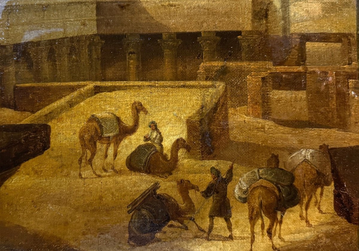 	 Orientalist School (c. 1860) - Egyptian Porters In Front Of The Ruins Of A Temple-photo-2