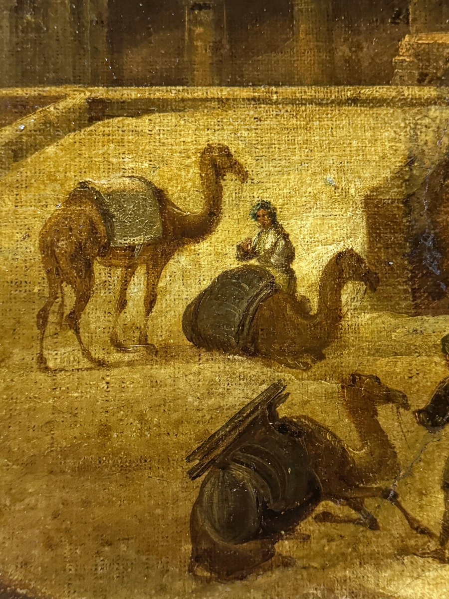 	 Orientalist School (c. 1860) - Egyptian Porters In Front Of The Ruins Of A Temple-photo-3