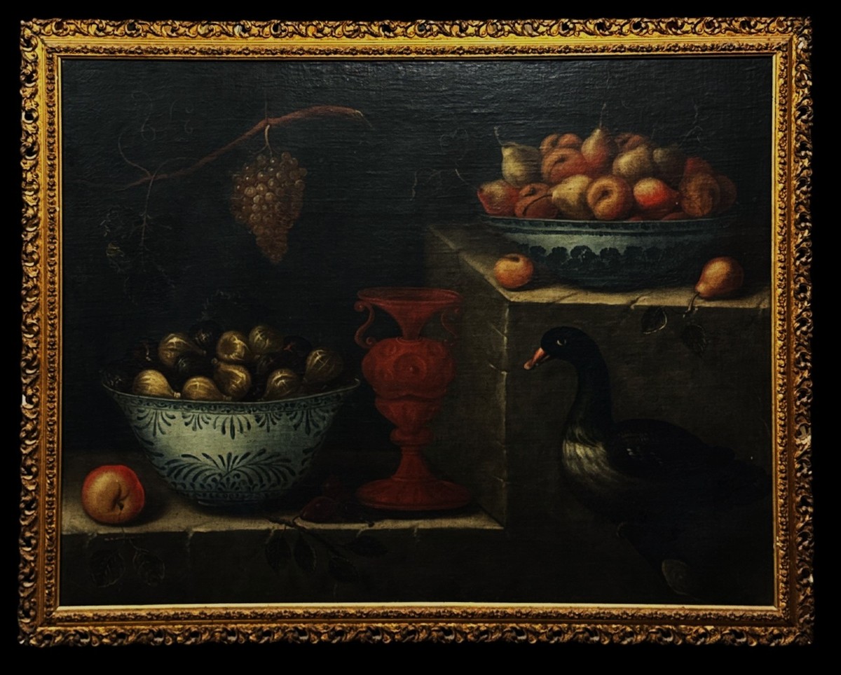 Tomás Yepes (1598-1668) attrib. à - Nature Morte avec Bowl Chinois et Vase de Tonalá 