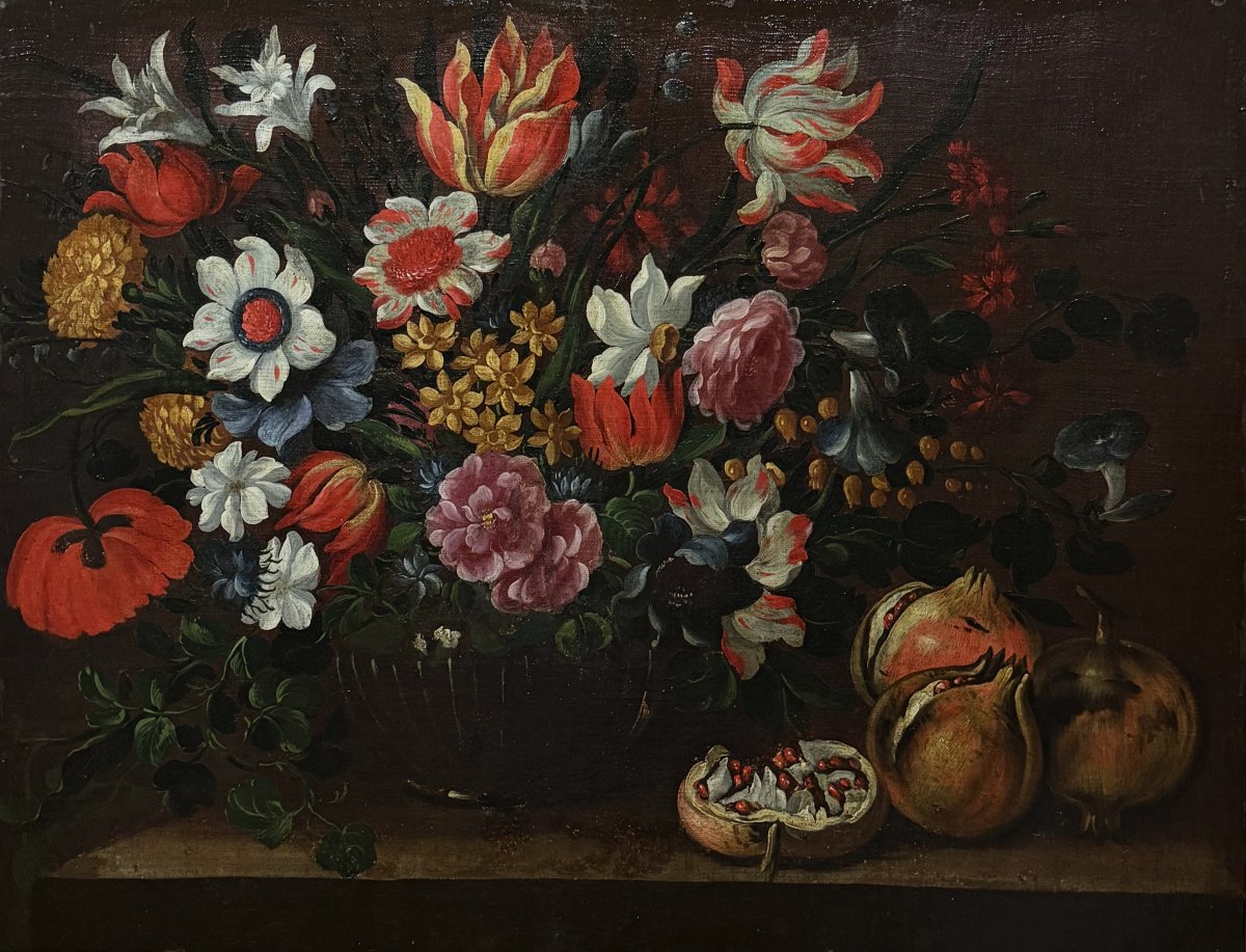 Gabriel De La Corte (1648-1694), Attributed To - Still Life With Basket Of Flowers, Apples And Pear-photo-2